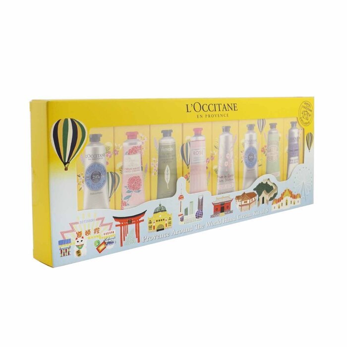 L'Occitane Provence Around The World Handcreme-Set mit 8 Stück: (2 x Sheabutter + 1 x Rose, Kirschblüte, Lavendel, Pfingstrose, Mandel, Eisenkraut) 30 ml/1 oz 8 x 30 ml/1 oz