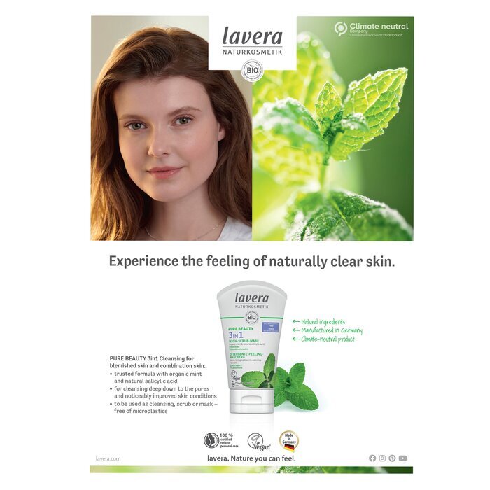 Lavera Pure Beauty 3 in 1 Waschen, Peeling, Maske – für unreine und Mischhaut, 125 ml