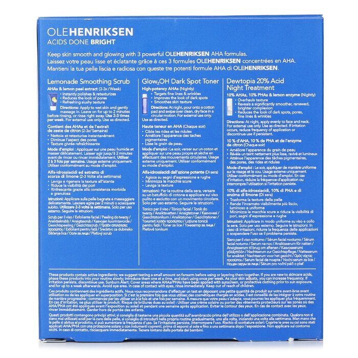 Ole Henriksen Acids Done Bright Set: Lemonade Smoothing Scrub 30 g + Glow2OH Dark Spot Toner 65 ml + Dewtopia 20 % Acid Night Treatment 15 ml, 3-tlg.