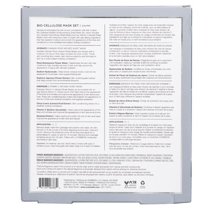 CosMedix – Strahlendes und verjüngendes Tuchmasken-Set aus Bio-Zellulose, 4 Stück/1 Box