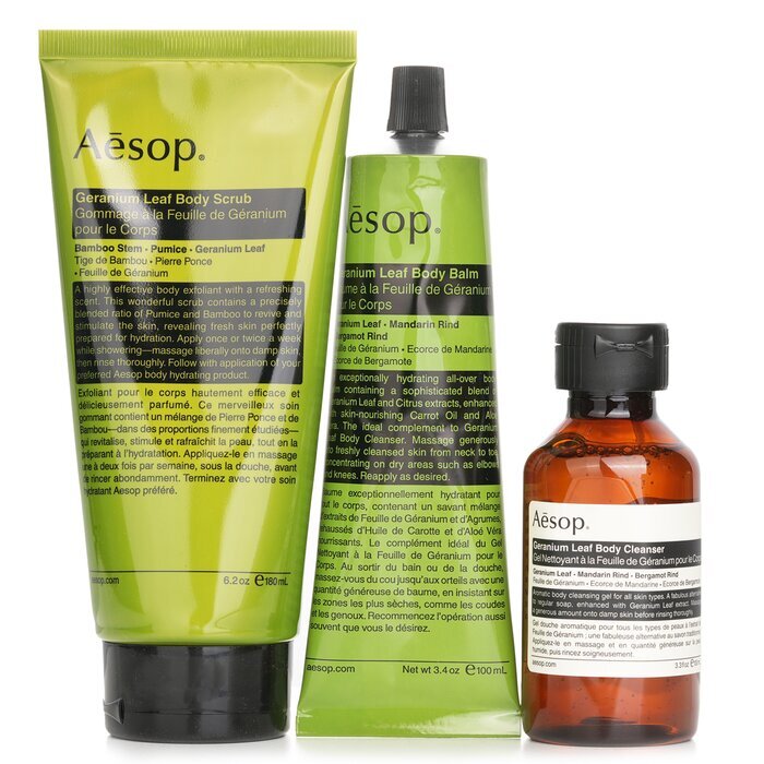 Aesop Rousing Rhythms Set: Geranium Leaf Body Cleanser 100 ml + Geranium Leaf Body Balm 100 ml + Geranium Leaf Body Scrub 180 ml 3-tlg. + Tasche