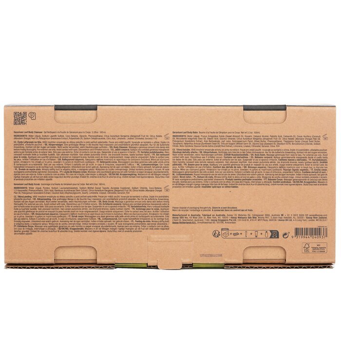 Aesop Rousing Rhythms Set: Geranium Leaf Body Cleanser 100 ml + Geranium Leaf Body Balm 100 ml + Geranium Leaf Body Scrub 180 ml 3-tlg. + Tasche