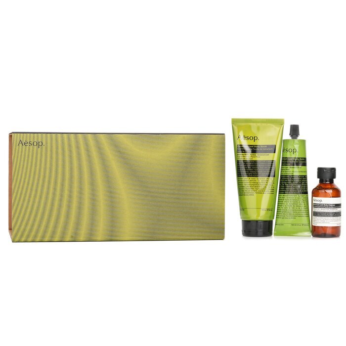 Aesop Rousing Rhythms Set: Geranium Leaf Body Cleanser 100 ml + Geranium Leaf Body Balm 100 ml + Geranium Leaf Body Scrub 180 ml 3-tlg. + Tasche