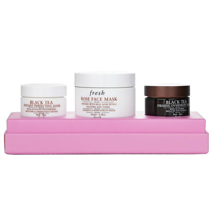 Frisches Gesichtsmasken-Set: 1x Rosen-Gesichtsmaske – 100 ml/3,3 oz + 1x straffende Nachtmaske mit Schwarztee – 30 ml/1 oz + 1x Instant-Perfektionierungsmaske mit Schwarztee – 30 ml/1 oz, 3-tlg.