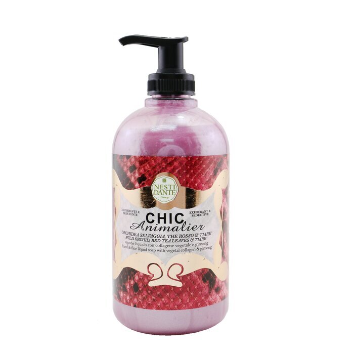 Nesti Dante Chic Animalier Flüssigseife für Hände und Gesicht mit pflanzlichem Kollagen und Ginseng – Wilde Orchidee, rote Teeblätter und Tiare, 500 ml