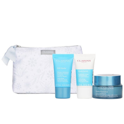 Clarins Hydration Collection: Hydra-Essentiel Silky Cream 50 ml + Fresh Scrub 15 ml + SOS Hydra Mask 15 ml + Beutel 3 Stück + 1 Beutel