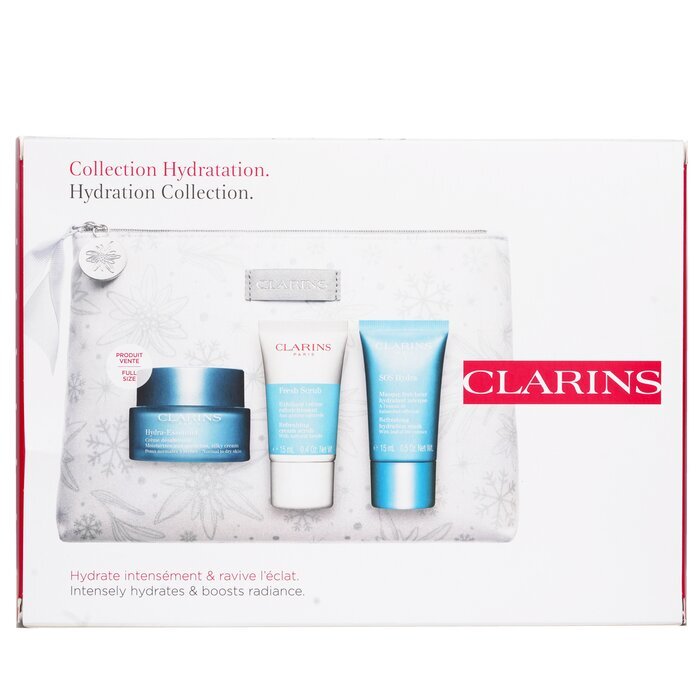 Clarins Hydration Collection: Hydra-Essentiel Silky Cream 50 ml + Fresh Scrub 15 ml + SOS Hydra Mask 15 ml + Beutel 3 Stück + 1 Beutel