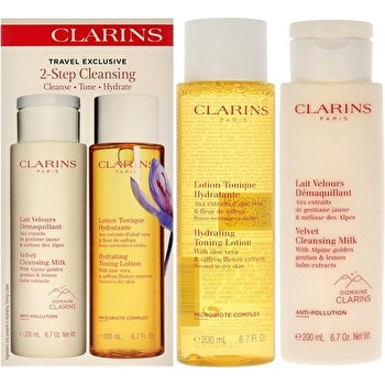 Clarins 2-Stufen-Reinigungsset für Damen, 2-tlg. 6,7 oz samtige Reinigungsmilch, 6,7 oz feuchtigkeitsspendende Toninglotion