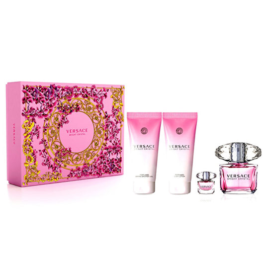 Versace Versace Bright Crystal For Women - 4 Pc Gift Set 90ml/3oz Eau De Toilette Spray 90ml/3.4oz Perfumed Body Lotion 90ml/3.4oz Perfumed Bath And Shower Gel 5ml/0.17oz Eau De Toilette Splash Mini 90ml/3oz
